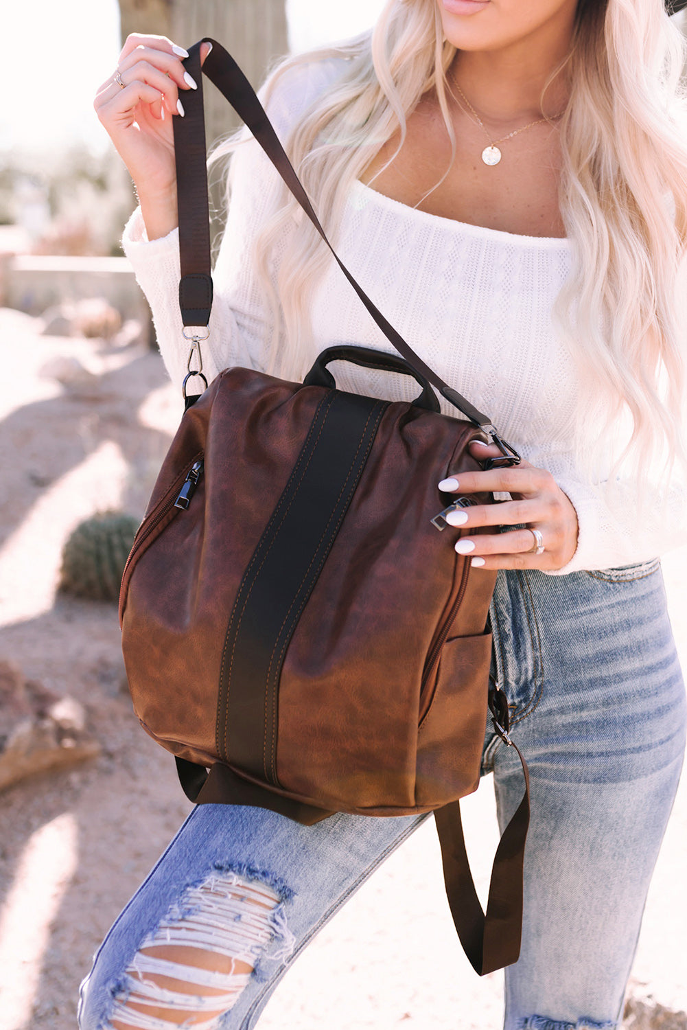 26SS Brown boho western faux leather backpack