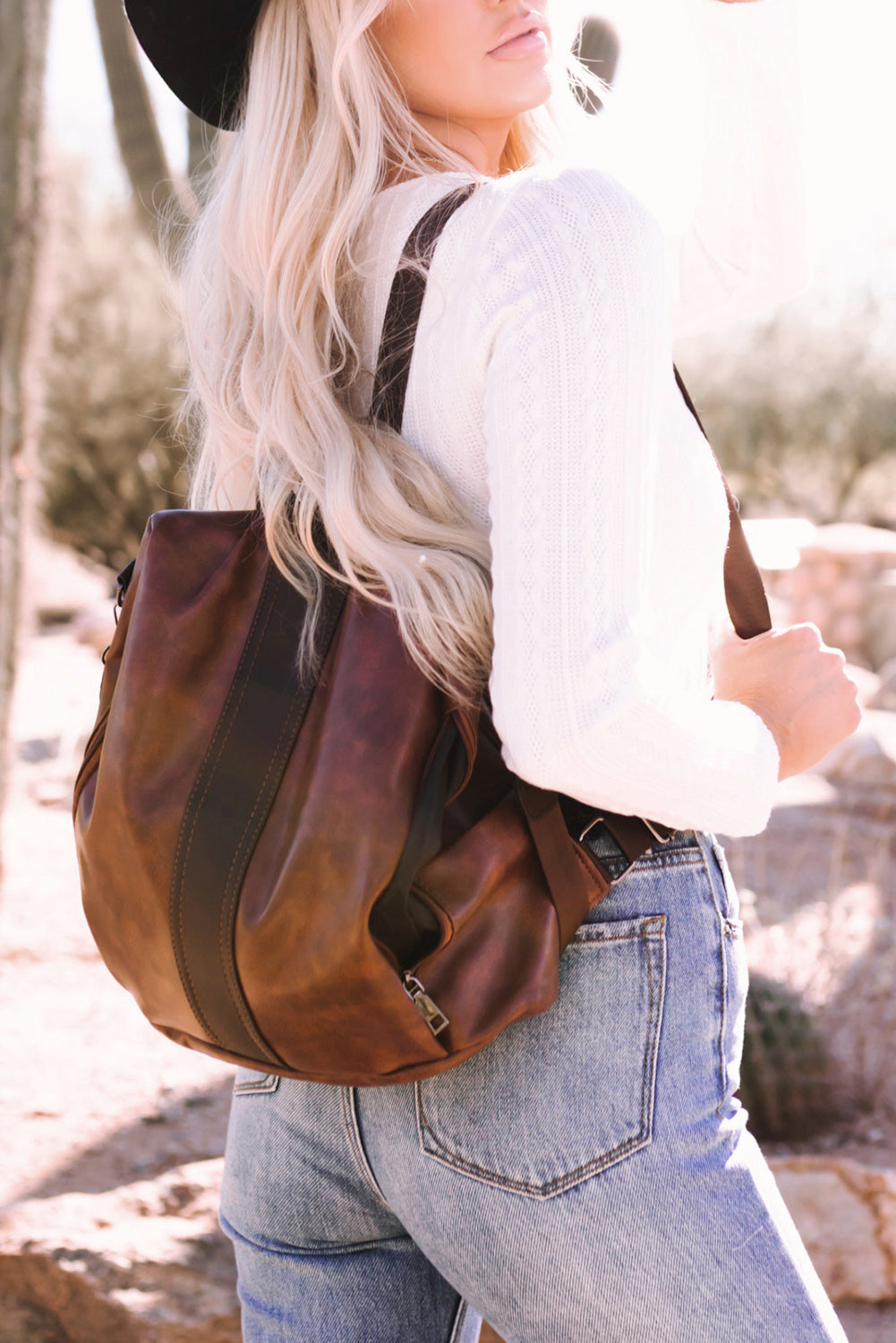 26SS Brown boho western faux leather backpack