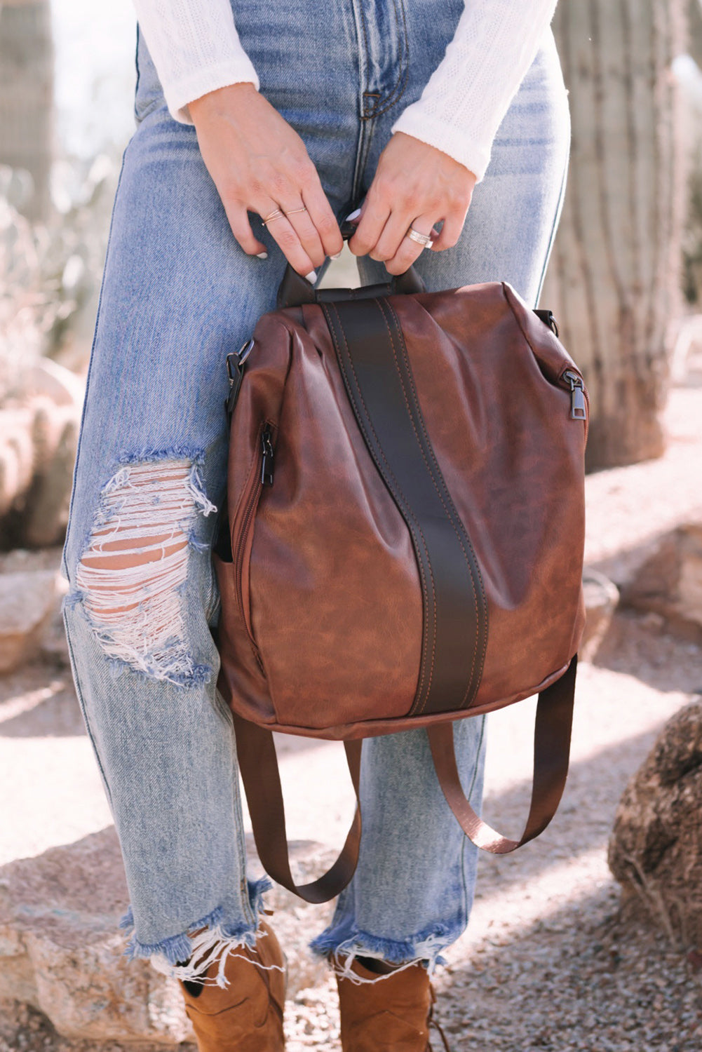 26SS Brown boho western faux leather backpack