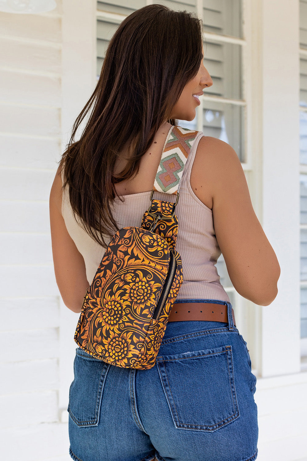 26SS Floral print Faux leather chest bag.