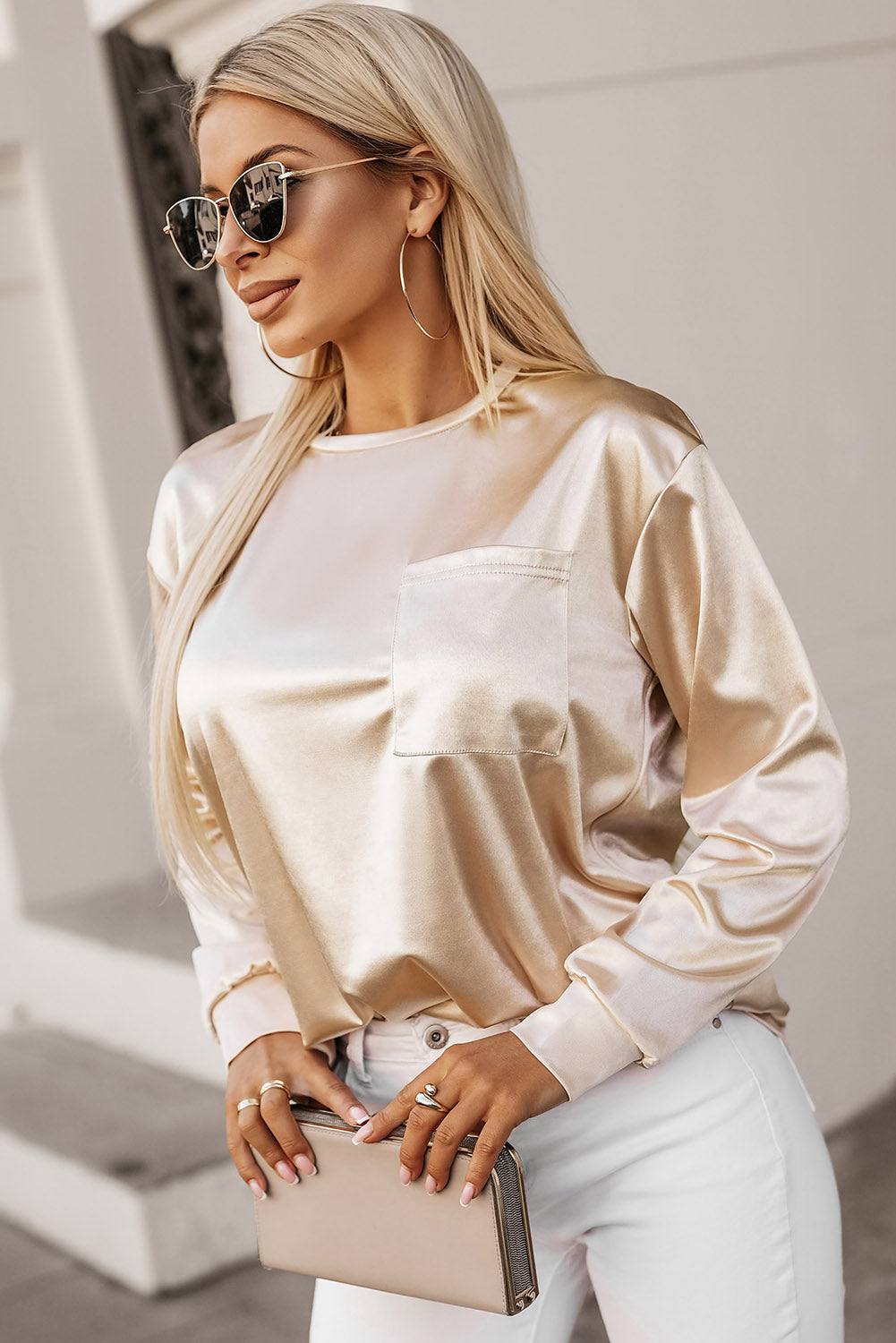 26SS Satin long sleeve pocket top