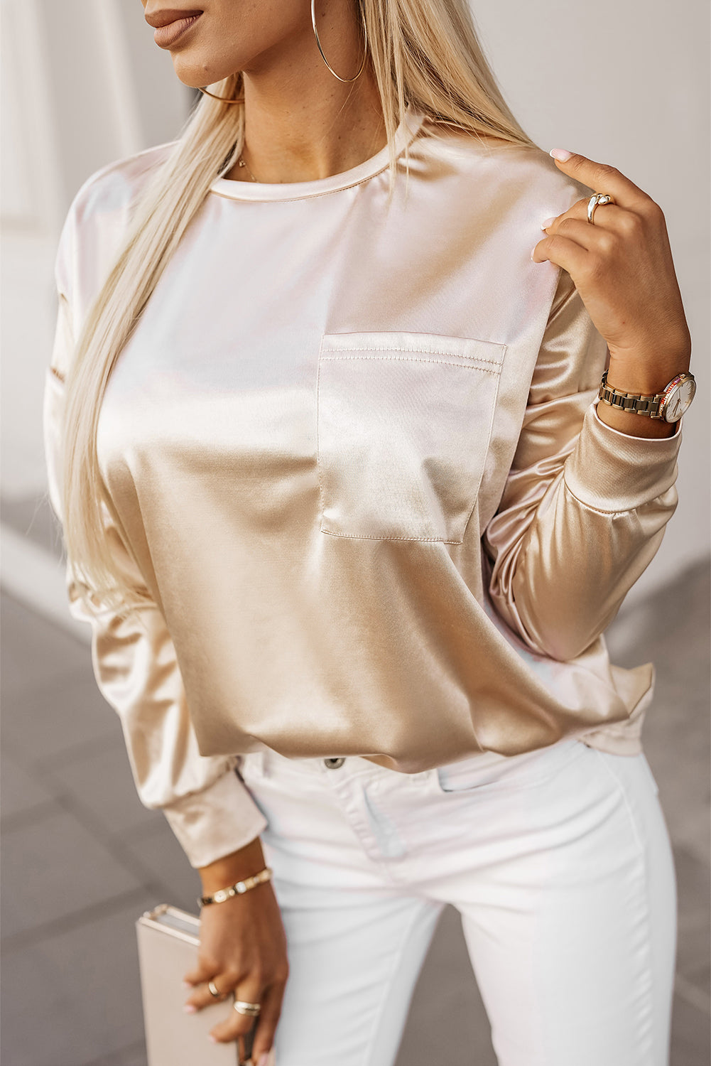 26SS Satin long sleeve pocket top