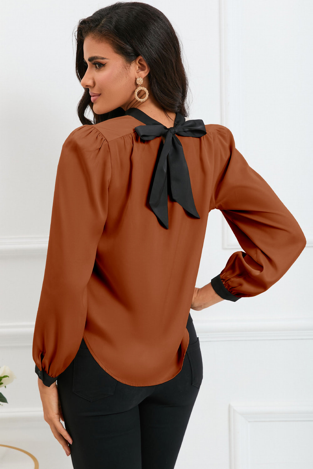 26SS Satin Carmel and black tie blouse
