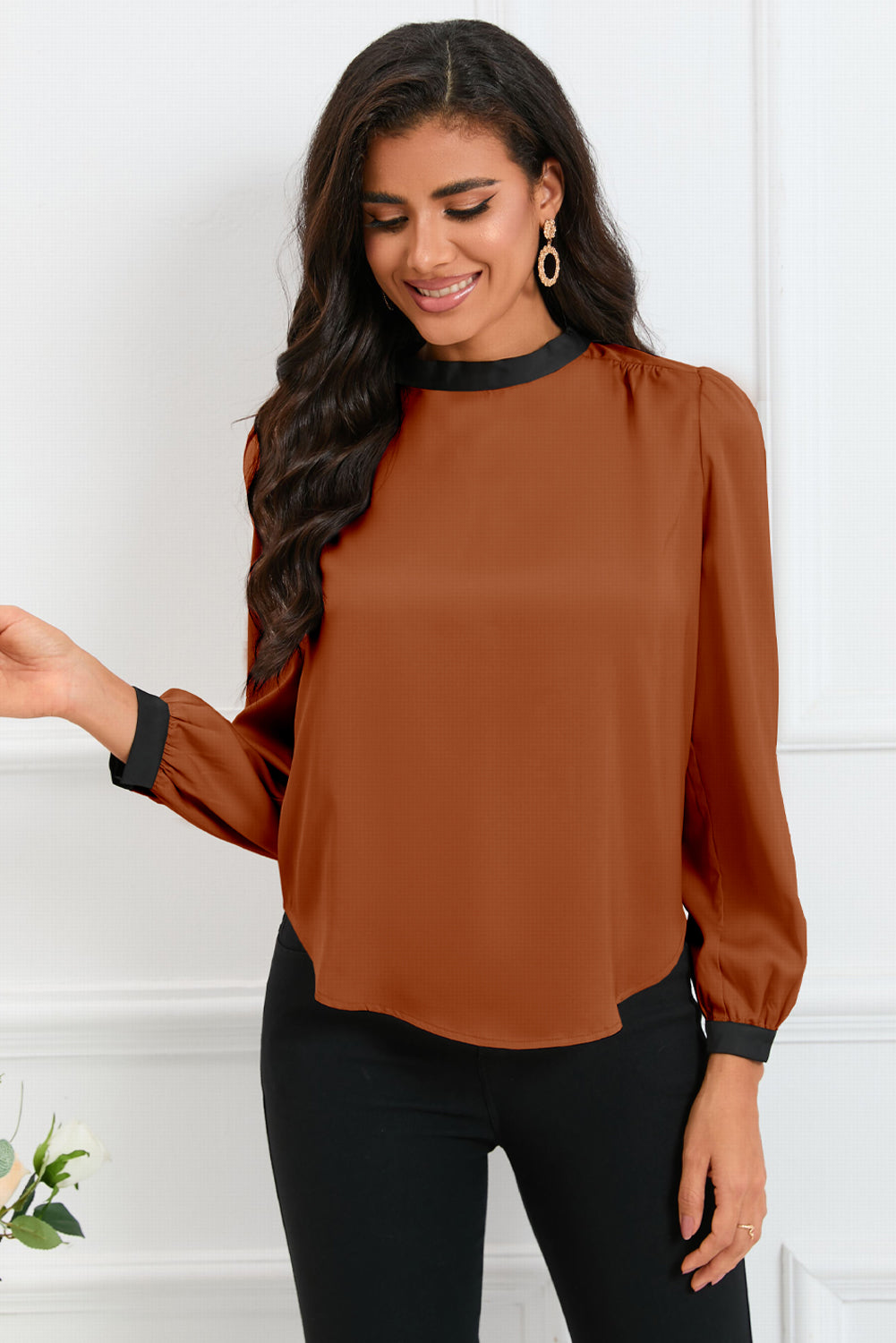 26SS Satin Carmel and black tie blouse