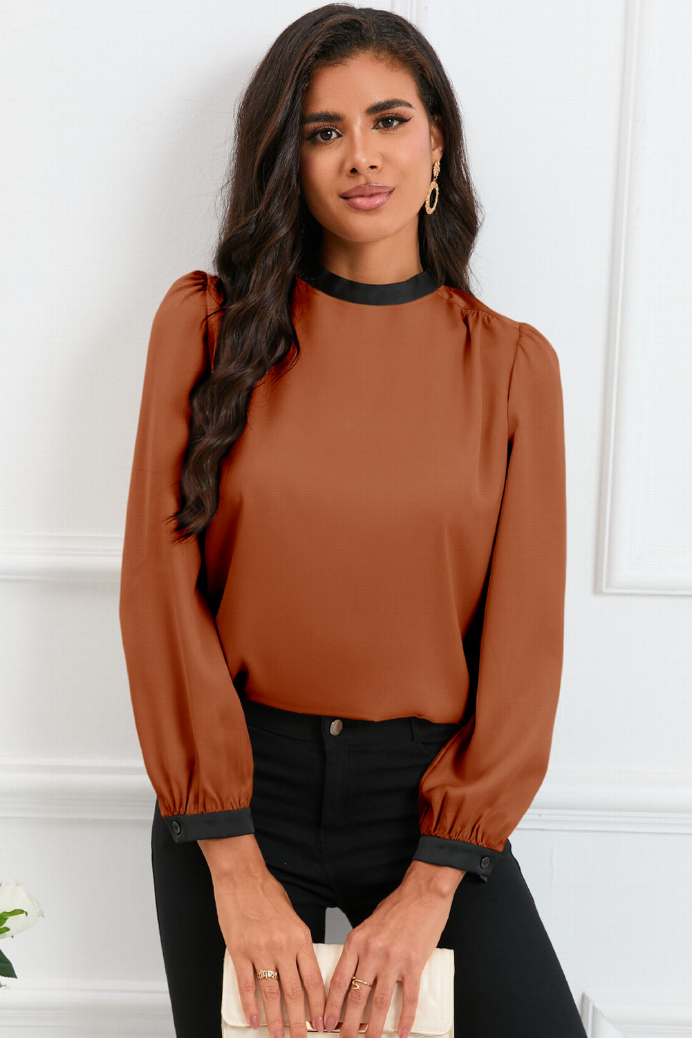 26SS Satin Carmel and black tie blouse