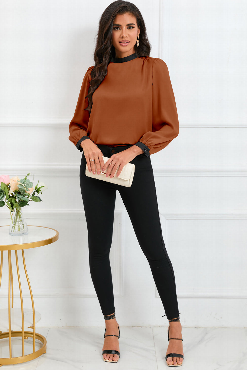 26SS Satin Carmel and black tie blouse