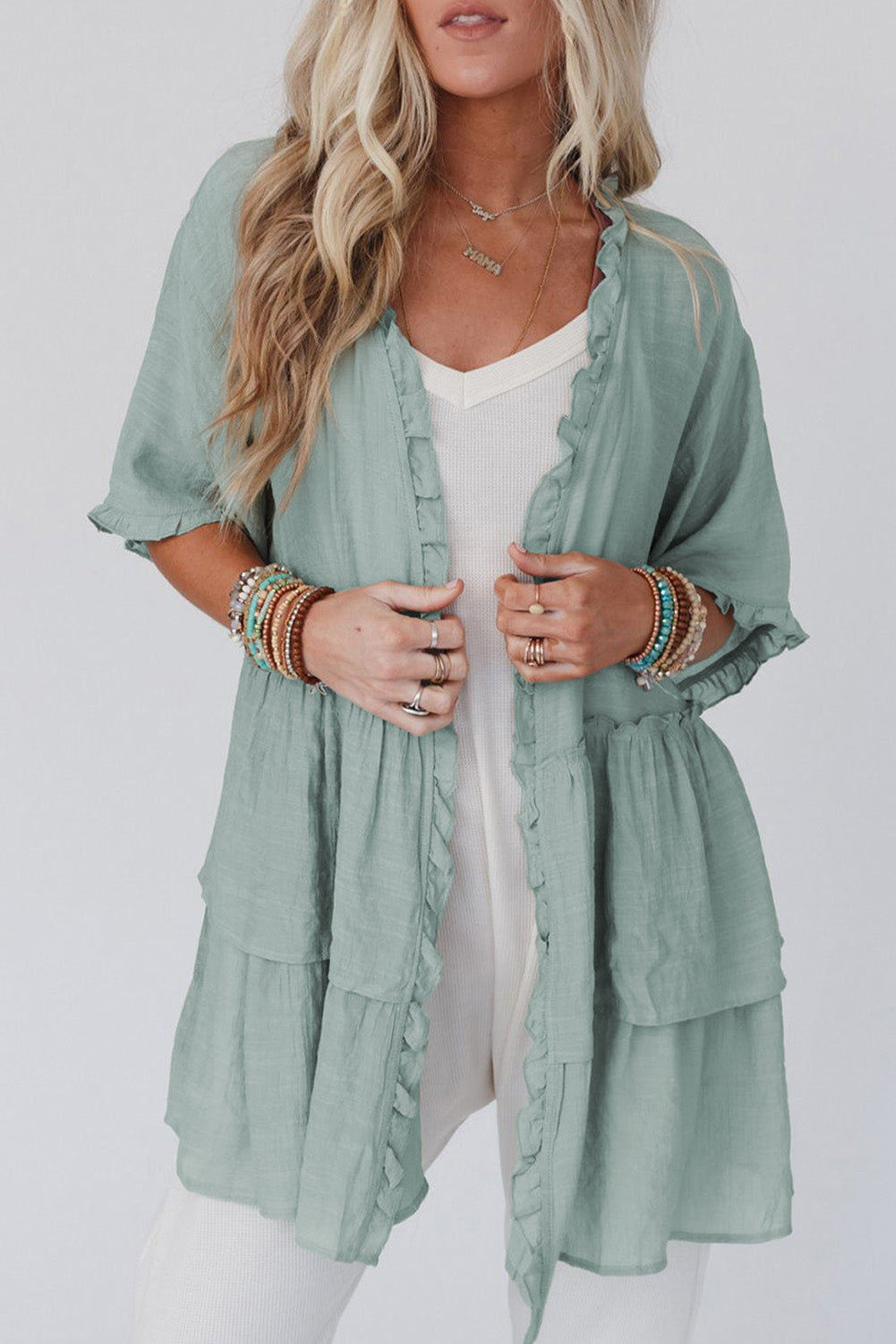 26SS Sea foam green ruffled kimono