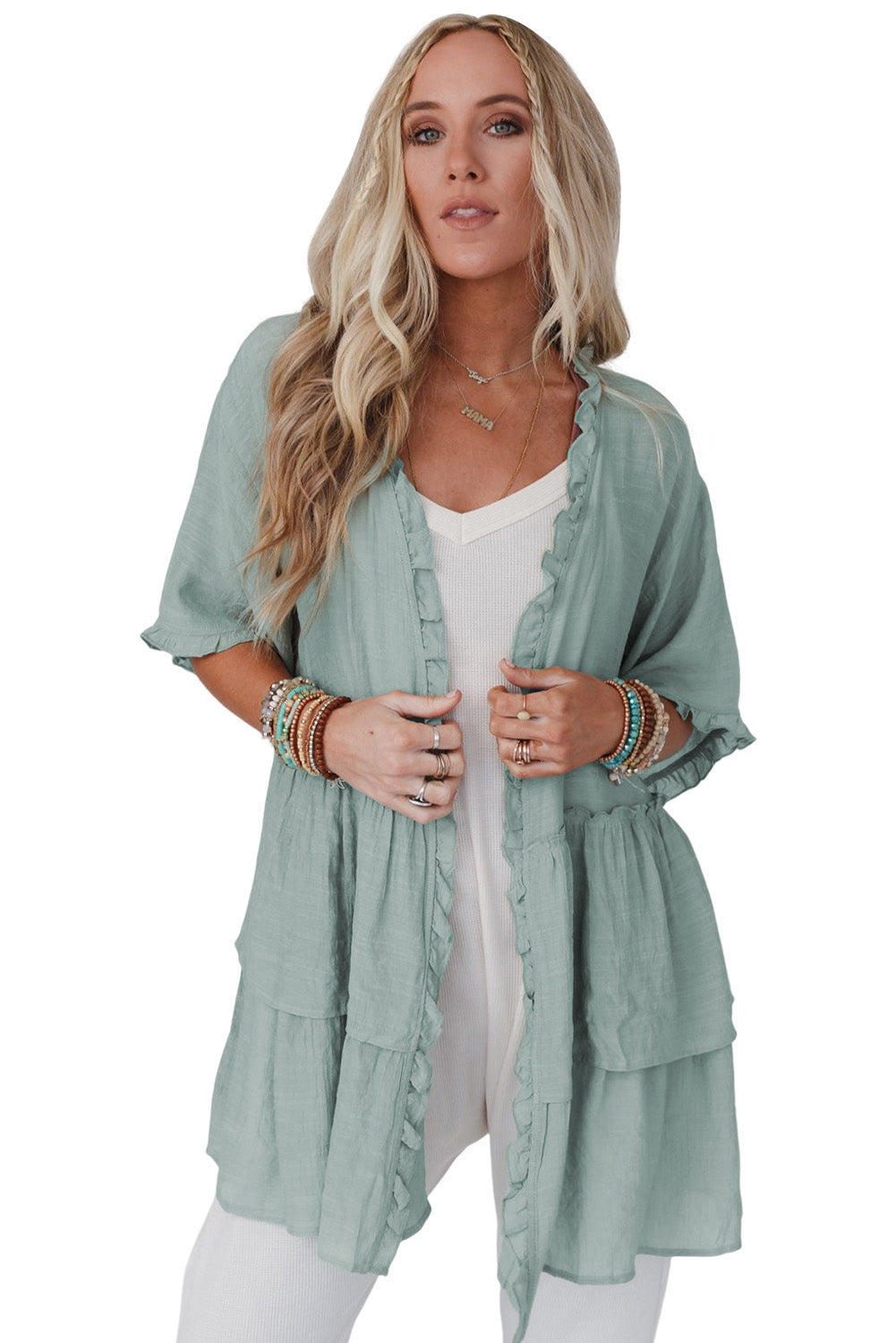 26SS Sea foam green ruffled kimono