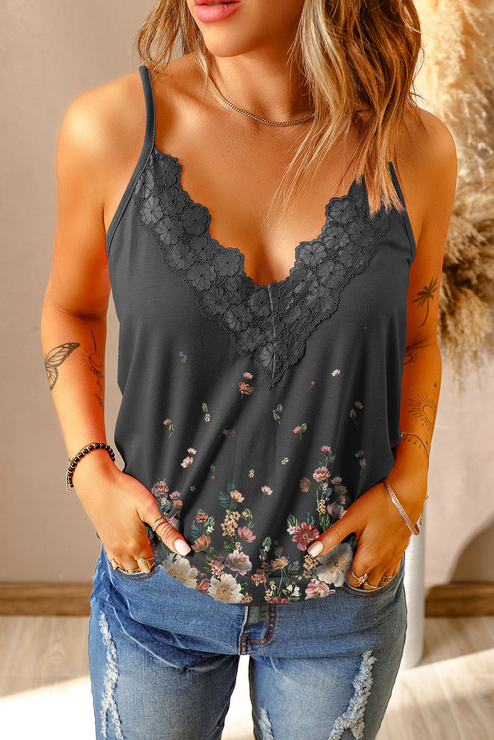 26SS lace V Neck tank, Floral tank top