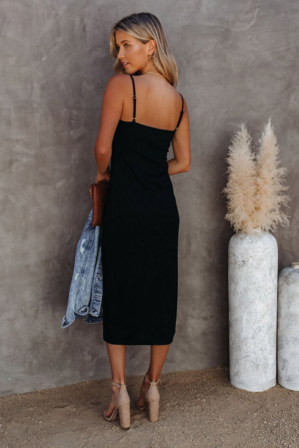 26SS Black midi dress, button dress with slit