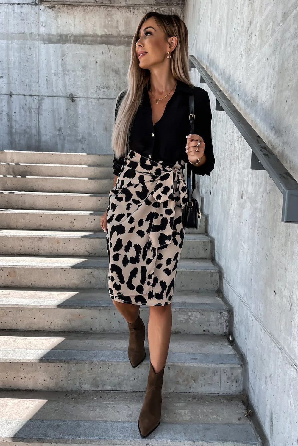 26SS High waist leopard wrap skirt with tie