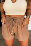 26SS Khaki casual shorts with pockets and drawstring, boho shorts