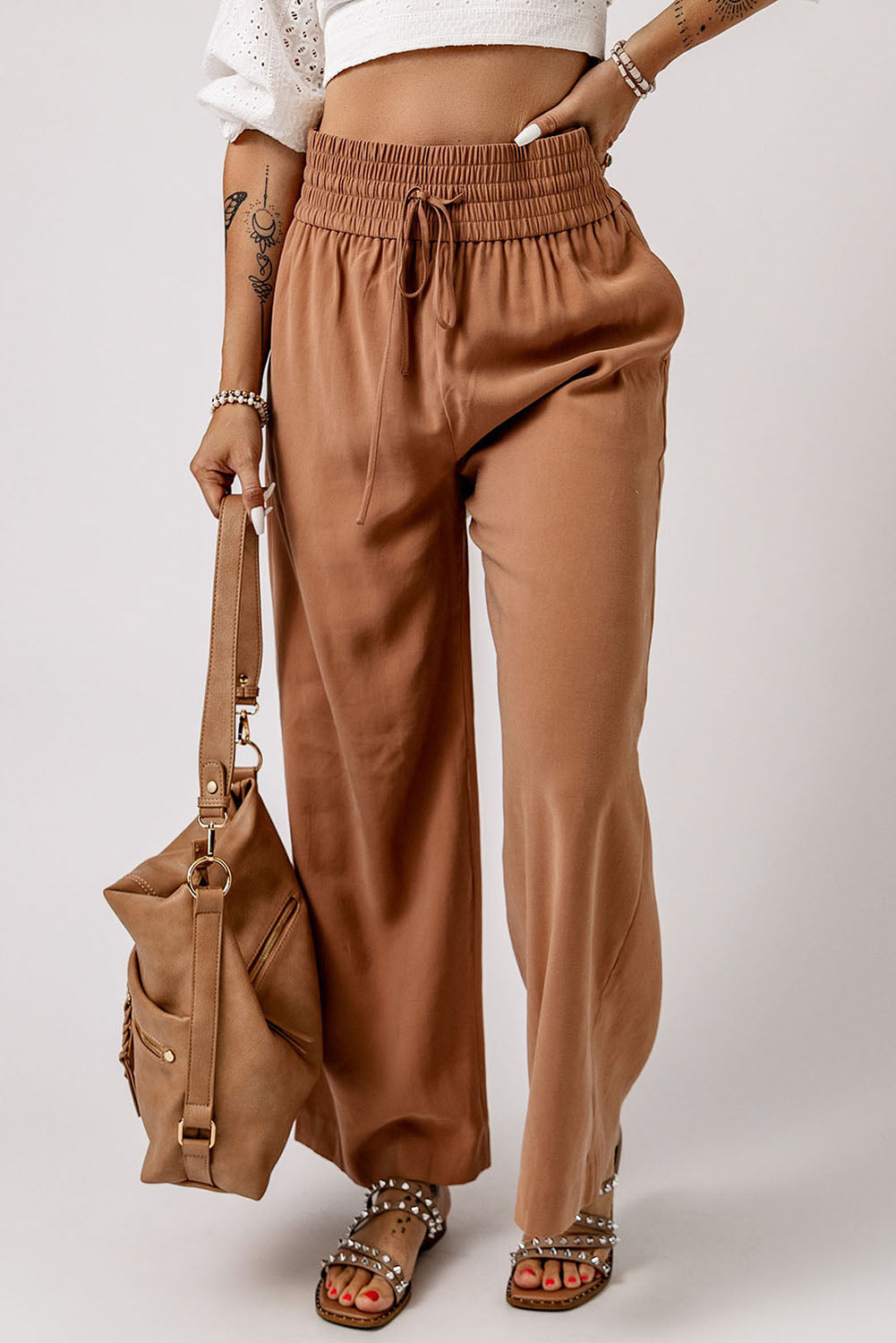 26SS Draw string casual wide leg pants, boho pants