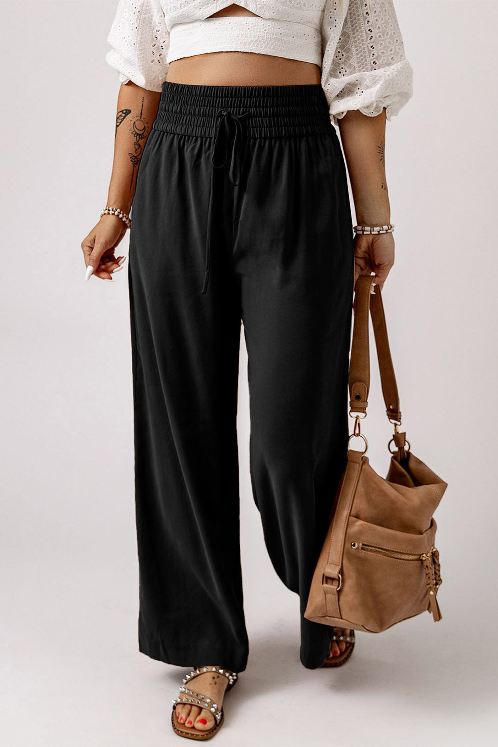 26SS Black Casual drawstring women's wide leg pant