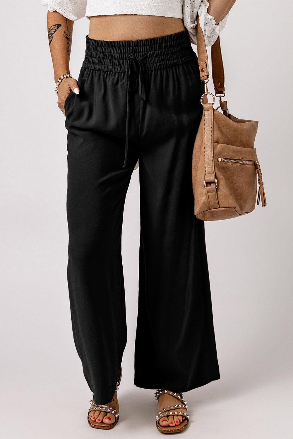 26SS Black Casual drawstring women's wide leg pant