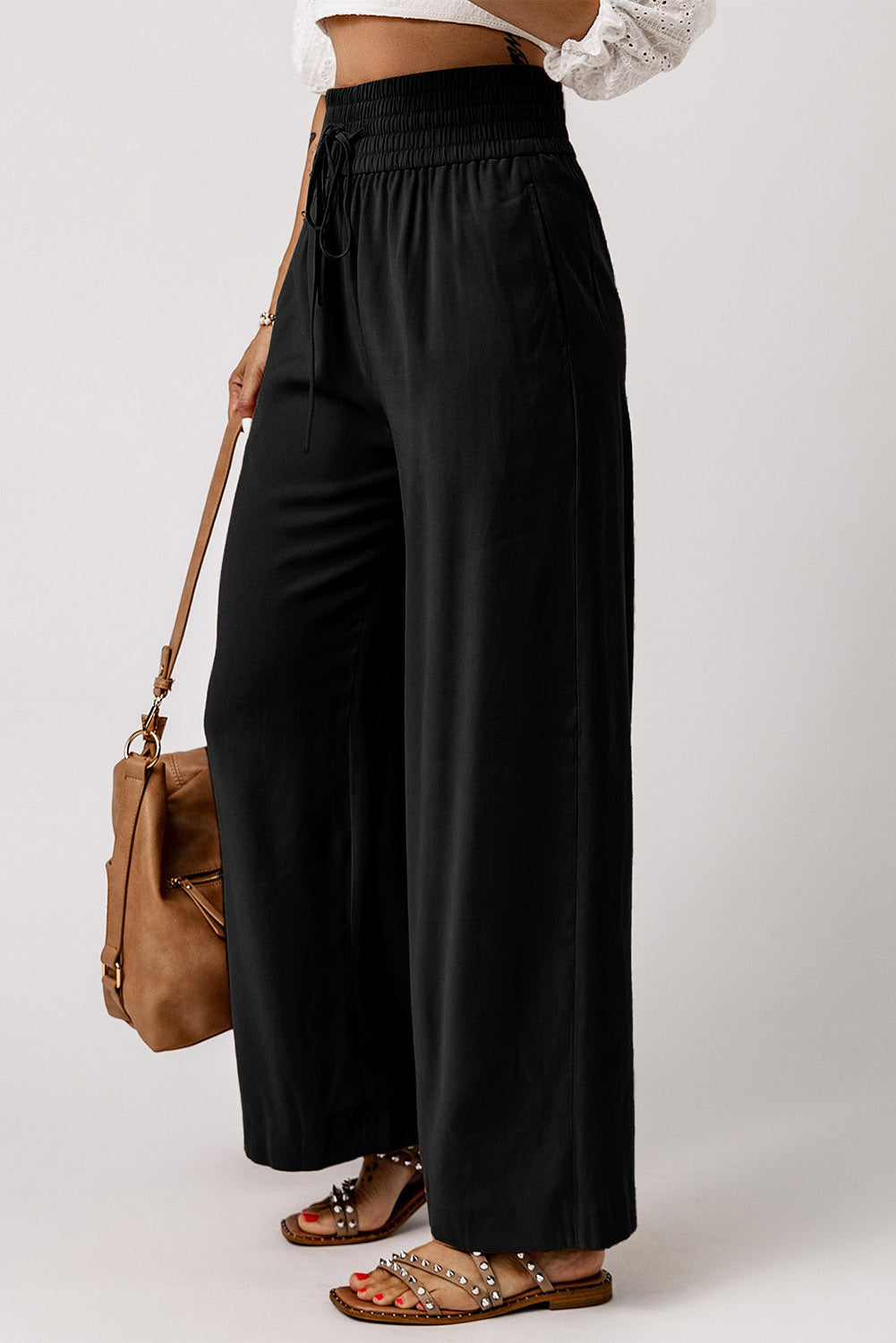 26SS Black Casual drawstring women's wide leg pant