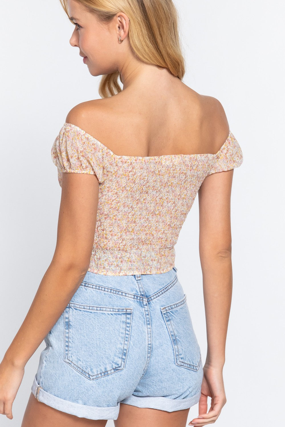 26SS Off shoulder lace up front top, floral top